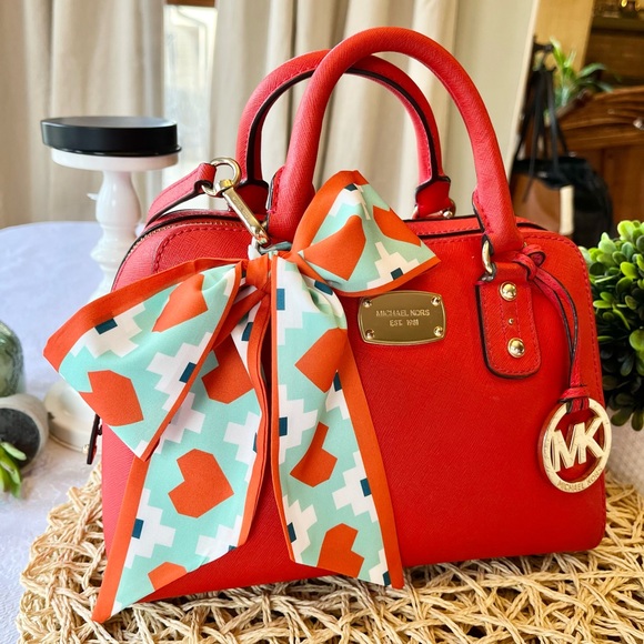 Michael Kors Saffiano Leather Satchel with Crossbody Strap in Orange Red - Picture 2 of 14